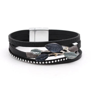Metal Leaf Charm Leather Bracelet Wide Wrap Female Party Jewelry