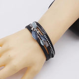Metal Leaf Charm Leather Bracelet Wide Wrap Female Party Jewelry