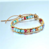 Leather Bracelet Brown Leather Rainbow Crystal Beads Wrap Bracelet