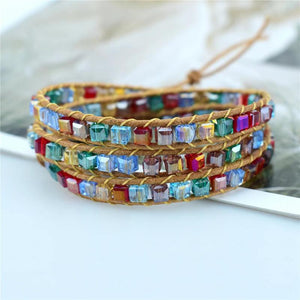Leather Bracelet Brown Leather Rainbow Crystal Beads Wrap Bracelet