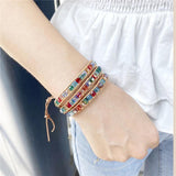 Leather Bracelet Brown Leather Rainbow Crystal Beads Wrap Bracelet