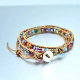 Leather Bracelet Brown Leather Rainbow Crystal Beads Wrap Bracelet