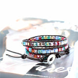 Leather Bracelet Brown Leather Rainbow Crystal Beads Wrap Bracelet