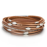 Boho Metal Leaf Charm Double Wrap Leather Bracelet for Women
