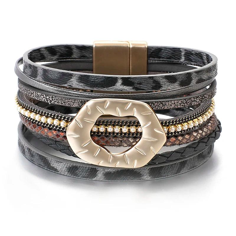 Leopard Leather Bracelet Bohemian Jewelry Pearl Chain Ladies Wrap Bracelets