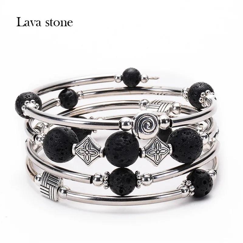 Boho Style Turquoise Stone Layered Bracelet Multi-layered Wrap Bangle