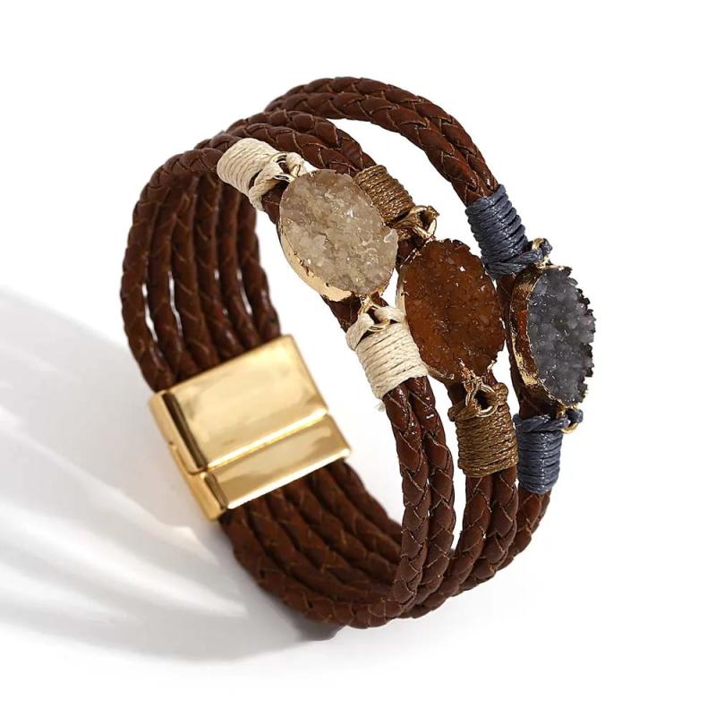 Boho Multilayer Leather Bracelet Charm Resin Stones Wrap Bracelets