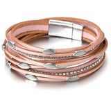 Pink Leather Bracelet Leaf Charm Crystal Wrap Boho Jewelry