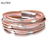 Pink Leather Bracelet Leaf Charm Crystal Wrap Boho Jewelry
