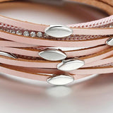 Pink Leather Bracelet Leaf Charm Crystal Wrap Boho Jewelry