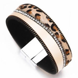 Leopard Leather Bracelet Bohemian Charm Crystal Wide Wrap Bangle