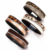 Leopard Leather Bracelet Bohemian Charm Crystal Wide Wrap Bangle