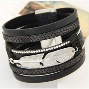 Multilayer Rhinestone Leather Magnet Bracelet Feather Leaves