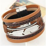 Multilayer Rhinestone Leather Magnet Bracelet Feather Leaves