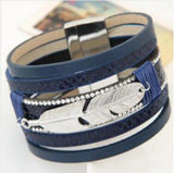 Multilayer Rhinestone Leather Magnet Bracelet Feather Leaves