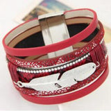 Multilayer Rhinestone Leather Magnet Bracelet Feather Leaves