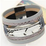 Multilayer Rhinestone Leather Magnet Bracelet Feather Leaves