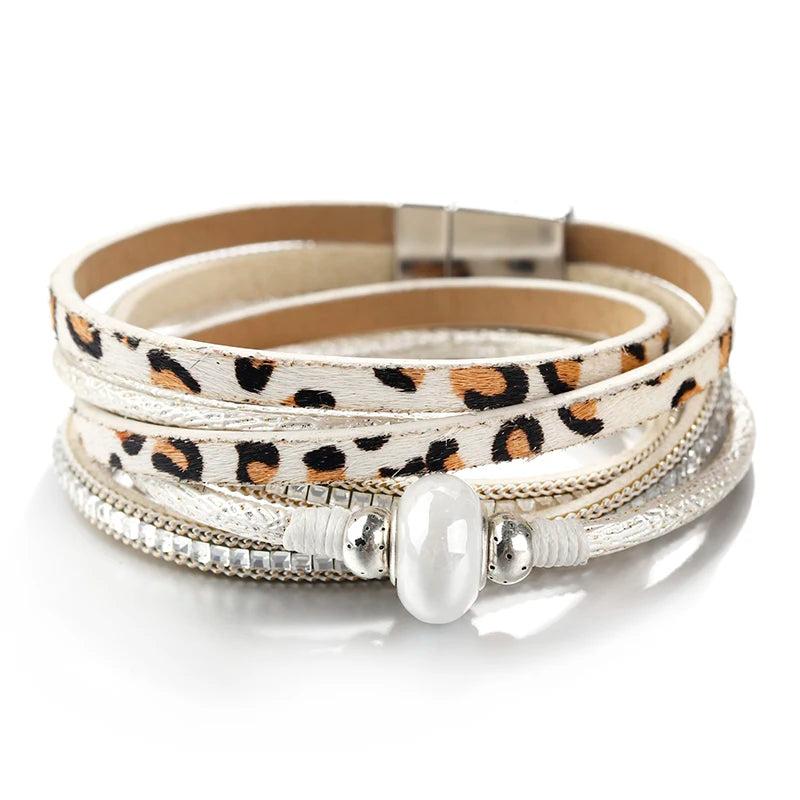 Leopard Print Ceramic Beads Leather Bracelet for Women