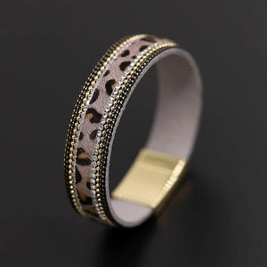 Leopard Pattern Leather Crystal Bangle Bracelet