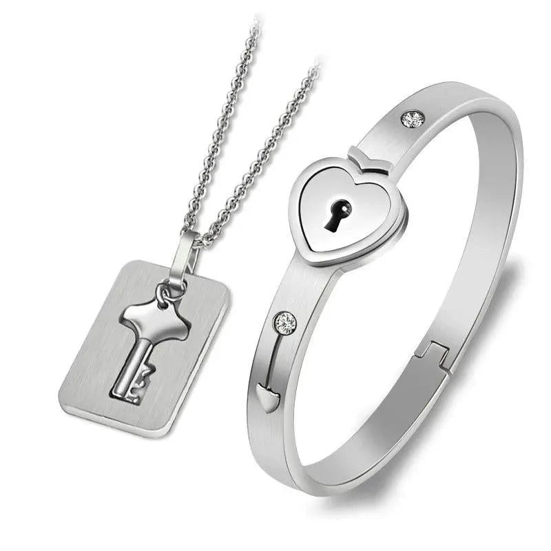 Sliver Heart Bracelet Choker Set Jewelry Stainless Steel
