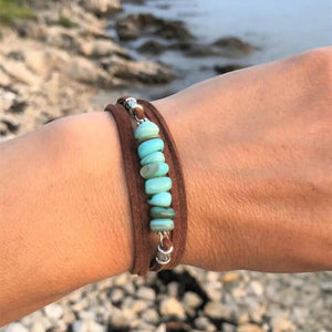 Turquoise Leather Wrap Bracelet Brown Velvet Boho Buckle Bracelet