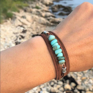 Turquoise Leather Wrap Bracelet Brown Velvet Boho Buckle Bracelet