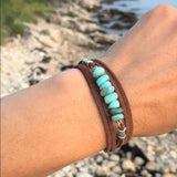 Turquoise Leather Wrap Bracelet Brown Velvet Boho Buckle Bracelet