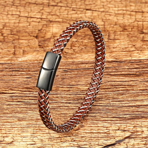 Stainless Steel Rope Chain Bracelet with Leather Charm
