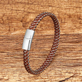 Stainless Steel Rope Chain Bracelet with Leather Charm