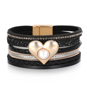 Pearl Heart Charm Leather Bracelet Magnetic Clasp Wide Wrap