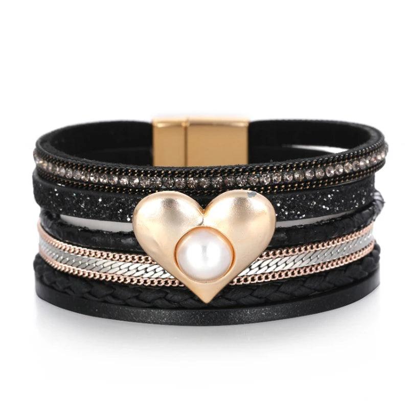 Pearl Heart Charm Leather Bracelet Magnetic Clasp Wide Wrap