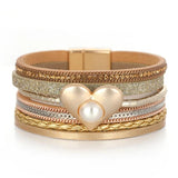Pearl Heart Charm Leather Bracelet Magnetic Clasp Wide Wrap