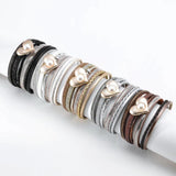 Pearl Heart Charm Leather Bracelet Magnetic Clasp Wide Wrap