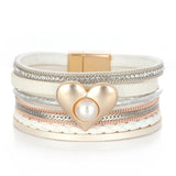 Pearl Heart Charm Leather Bracelet Magnetic Clasp Wide Wrap