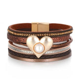 Pearl Heart Charm Leather Bracelet Magnetic Clasp Wide Wrap