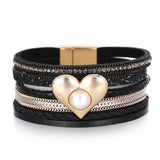 Pearl Heart Charm Leather Bracelet Magnetic Clasp Wide Wrap