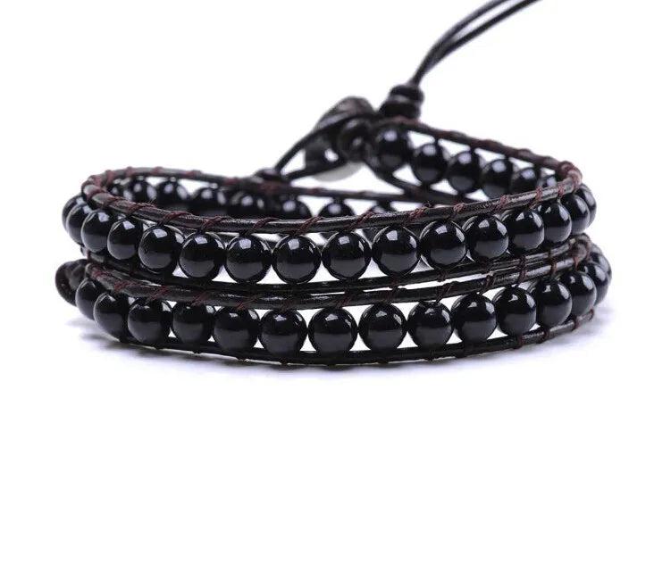 Vintage 2 Wraps Woven 6mm Natural Onyx Bead Leather Bracelet