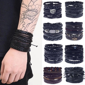 Men Leather Bracelet Wrap Cowhide Braided Layer Bracelet