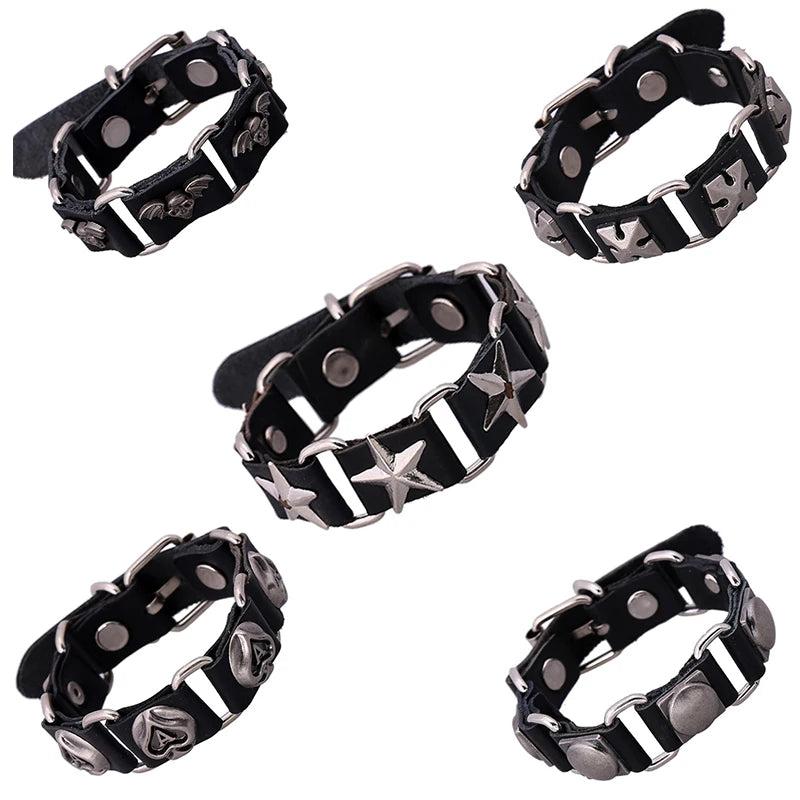 Punk Cowhide Male Chain Bracelets Vintage Silver Alloy Peach Heart Bangles