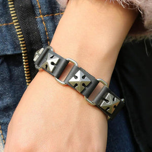 Punk Cowhide Male Chain Bracelets Vintage Silver Alloy Peach Heart Bangles