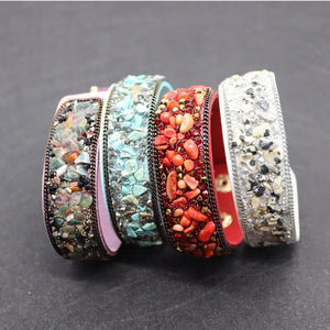 Stone Gravel Leather Bracelet with Rhinestones Inlay