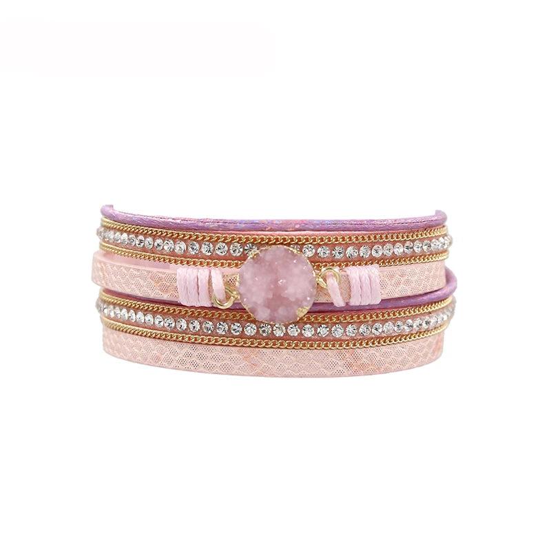 Multilayer Leather Bracelet Vintage Rhinestone Druzy Stone Black/white