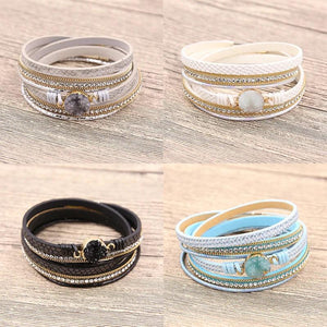 Multilayer Leather Bracelet Vintage Rhinestone Druzy Stone Black/white