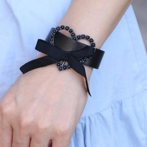 Leather Bracelet Women Crystal Heart Charm Wide Bracelet Female Jewelry