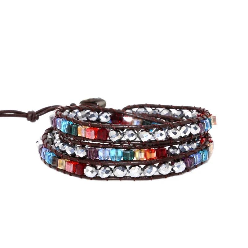 Chakra Bracelet Leather Wrap with Spare Crystal Beads Stone Bracelet