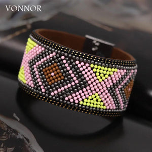 Women Leather Bracelet Geometric Pattern Wrap Bracelet