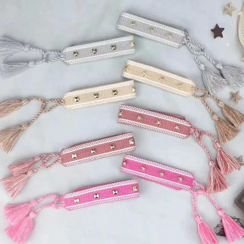Ethnic Square Star Rivet Braided Fabric Bracelets for Women