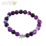 8'' Elephant Lucky Bracelet Purple Natural Stone Yoga Jewelry