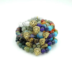 Mixed Stones Chakela Style Bracelet with Lion Head Spacer