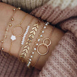 Bohemian Tassel Bracelet Set Geometric Leaf Beads Shell Charm Bangle